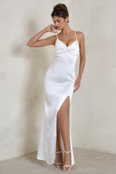 White Satin Plunge Fishtail Maxi Dress